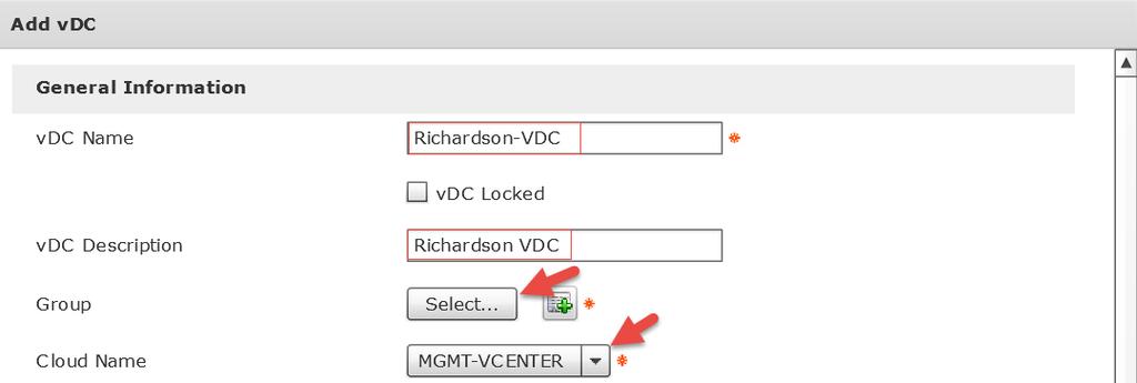 Enter a vdc Name, vdc Description, drop down and select the Cloud Name/vCenter