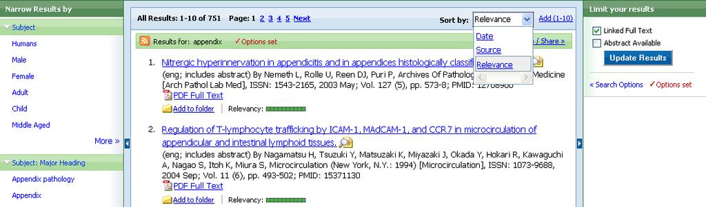 Result List Features The Result List displays the search results sorted by relevance and the total number of results above and below them, on the left side.