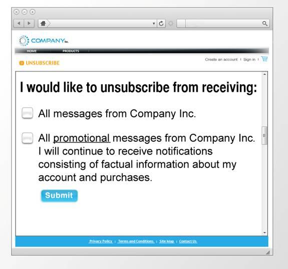 An unsubscribe mechanism Must be by same electronic means as the CEM If that s not practical (such as in an SMS text), then by other electronic means & a web address It must be