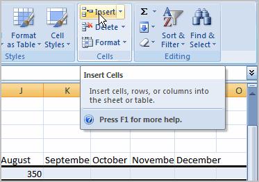 b. Click the Insert command in the Cells group on the Home tab. The row will appear. c. The new row always appears above the selected row. 4.4. To Insert Columns: a.