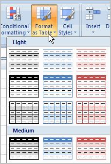 Click the Format as Table command in the Styles group on the Home tab. A list of predefined tables will appear. c. Left-click a table style to select it.