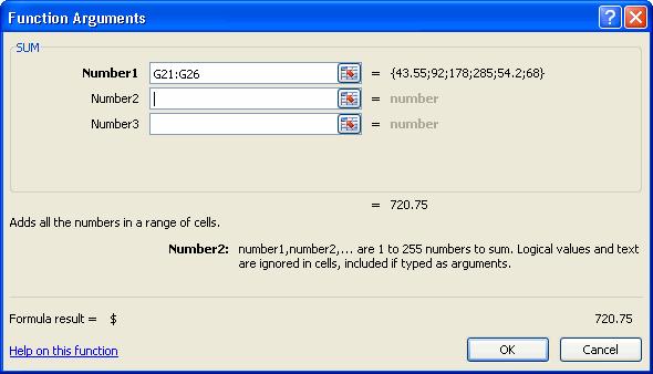 d. Click OK and the Function Arguments dialog box appears so that you can enter the range of cells for the function. e. Insert the cursor in the Number 1 field. f. In the spreadsheet, select the first range of cells.