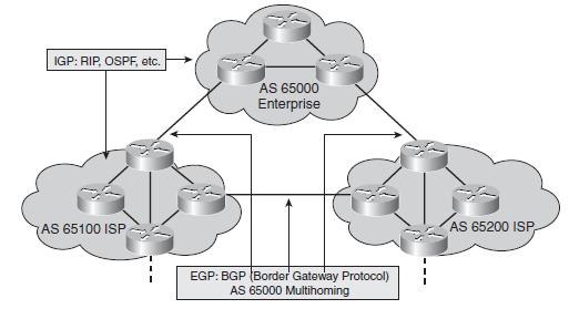 IGP and EGP Example The following figure shows three interconnected autonomous systems (domains). Each AS uses an IGP for intra-as (intra-domain) routing.