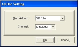 c. Select Computer-to-Computer (Ad-Hoc) for the Network Type. Enter the SSID for the Ad-Hoc network. d. Click Initiate Ad-Hoc. The Ad-Hoc Setting dialog box appears.