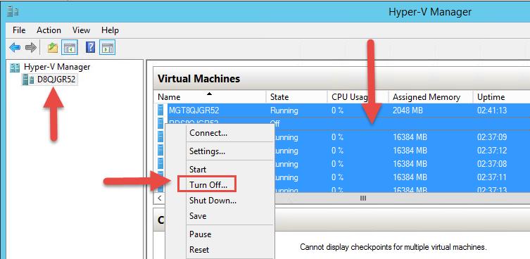 In Hyper-V Manager, click the host name of your appliance in the left pane.