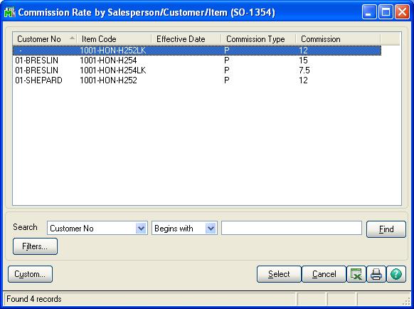 Commission Rate Table by Salesperson/Cust/Item 13 The List Entries button is available when a salesperson is specified.