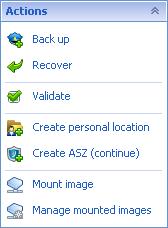 "Actions" bar on a managed machine and on a management server Tools Contains a list of the Acronis tools. Always the same across all the program views.