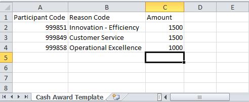 27 Process for Cash Recognition Awards Sample of a completed Cash Award Upload Spreadsheet Tips to Avoid Import Errors 1. Fill in appropriate fields and save as an Excel file. 2.
