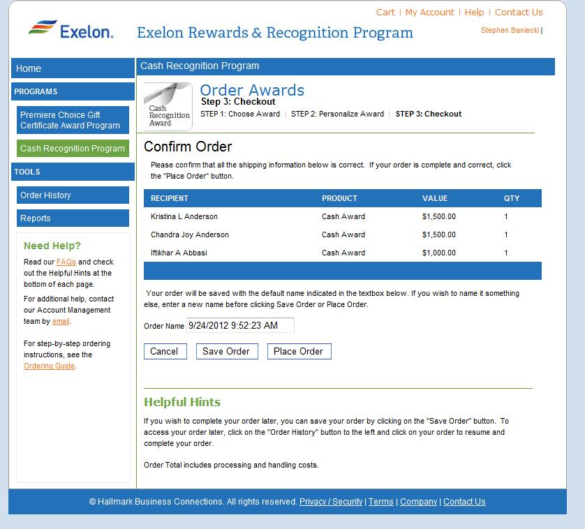 Process for Cash Recognition Awards 32 This page is an opportunity to review your order before placing it.