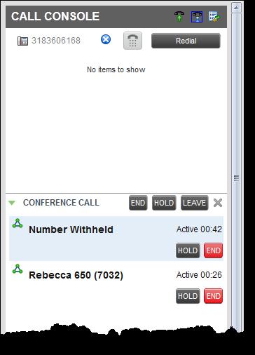 Receptionist PC Console Conference With two calls in progress, click the CONF button The three