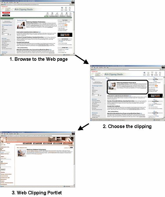 This figure shows the basic flow of how to use the Web Clipping portlet to capture a page: Figure 3: Basic flow to capture a page using Web Clipping OMNIPORTLET OmniPortlet is a sub-component of