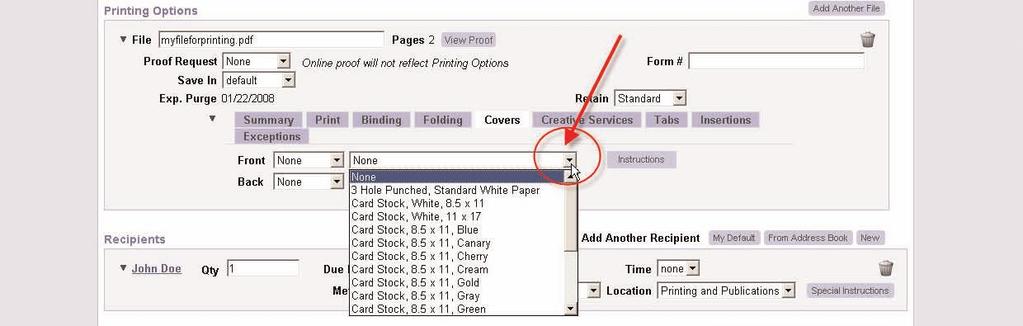 like it. The second drop-down menu is simply for your choice of paperstock.