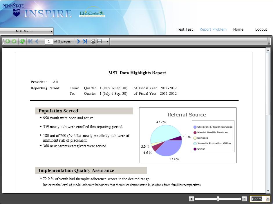 INSPIRE Screen Guide: Running a Report 1) Login to INSPIRE using your administrative account. 2) Click on MST Menu. 3) Choose the report type* you wish to run (e.g., Data Highlights Report).