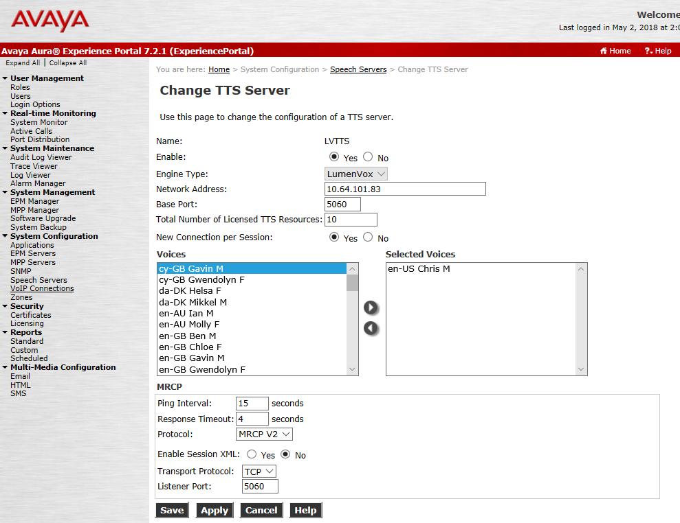 4.2.2. TTS Server To add a TTS server, click on the TTS tab on Speech Servers page, and click Add. Type in a Name. Set Enable to Yes. Set Engine Type to LumenVox.