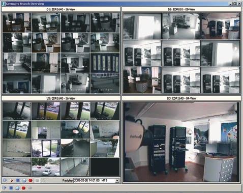 of video data or single pictures on client PC multi-window design with scalable video windows free definable multiviews with up to 16 DVR systems or network cameras, also mixed display of different