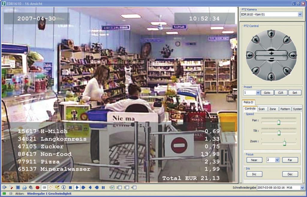 POS module: By means of the graphical text display (EDA 911, optional) featuring all relevant till protocols, POS data are captured together with related video data and recorded in the digital