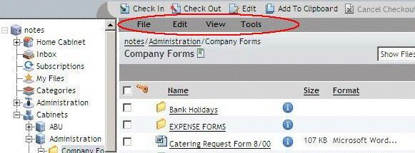 These include actions that apply to both the location and the list items. Available actions are highlighted in the menus.