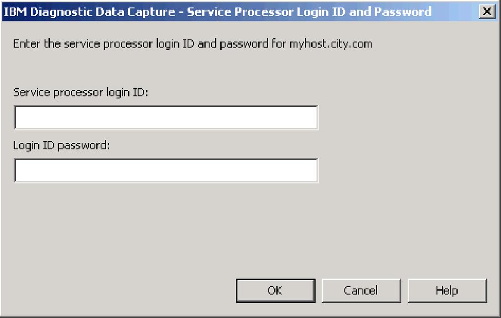 Figure 20. Updating the login ID or password: Serice Processor Login ID and Password window 3. In the Serice processor login ID field, type the login ID for the indicated serice processor. 4.