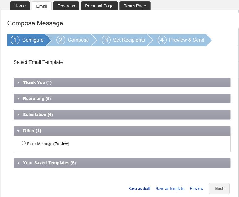 Under SELECT EMAIL TEMPLATE, choose from the ready made template emails, or select BLANK MESSAGE found under OTHER to create your own custom message