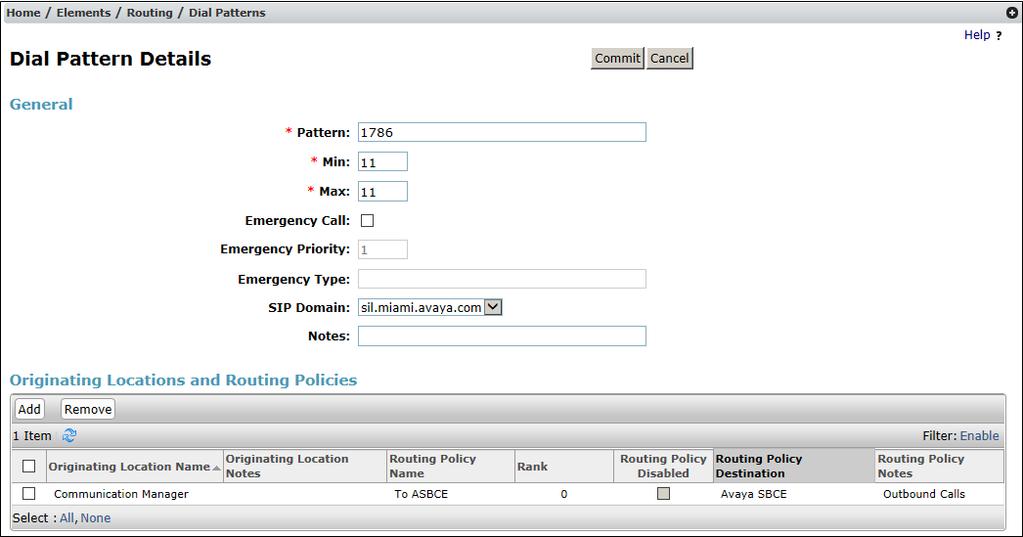 The example in this screen shows that 11 digit dialed numbers for outbound calls, beginning with a number such as 1786 used for test purposes during the compliance test, arriving from the
