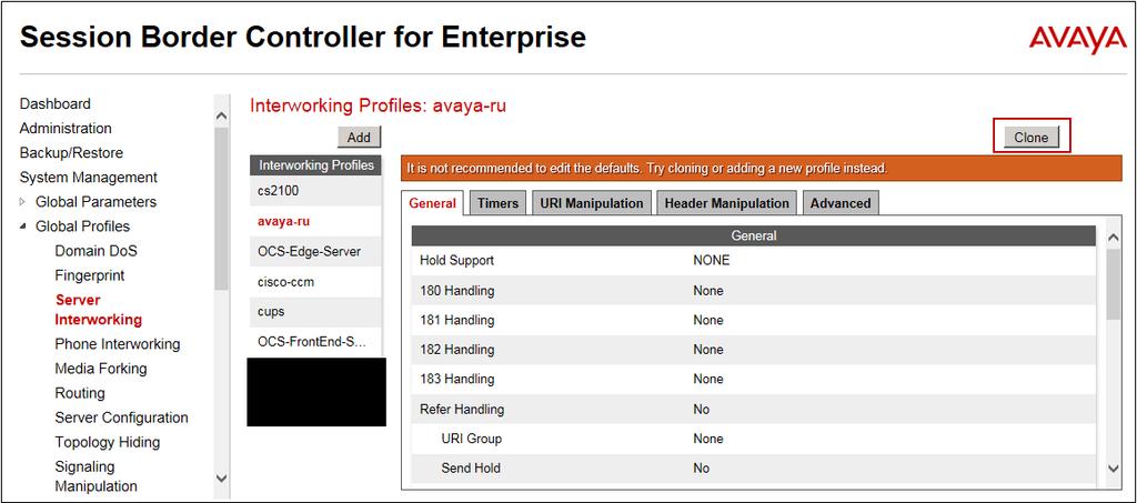 7.6. Server Interworking Interworking Profile features are configured to facilitate the interoperability between the enterprise SIP-enabled solution (Call Server) and the SIP trunk service provider