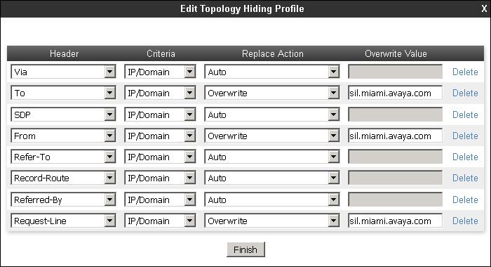 For the To, From and Request-Line headers, select Overwrite in the Replace Action column and enter the enterprise SIP domain sil.miami.avaya.