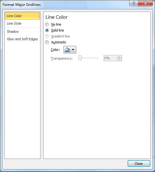 Gridlines dialog box Ensure that Line color is selected in the left pane Select the Solid line radio button Click the Color