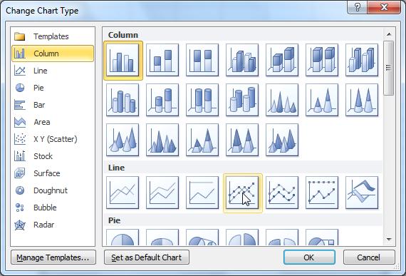 Select Change Chart Type from the Type group on the Design Chart Tools tab The Change Chart