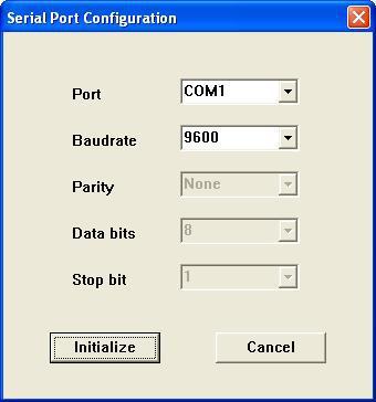 Port is the serial port being used; Baudrate is current serial port baud rate set by DIP switches.