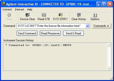 8. Type the following SCPI command into the Command: field in the Agilent Interactive IO window, pasting the license file text you copied in Step 7 at the <license_line> location in the command.