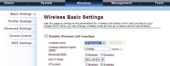 Chapter 4: Configuration 2. Go to WDS Settings in Wireless, type in the MAC address of the remote bridge to Remote AP MAC Address 1 field and click Apply. Figure 4-29. WDS Settings screen.