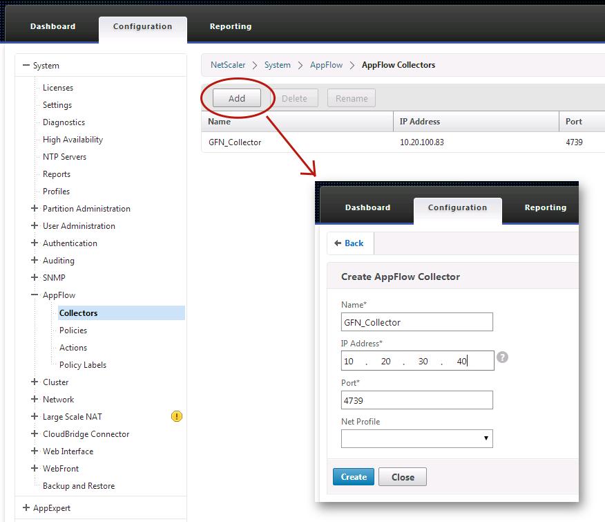 B. Create an AppFlow Collector 1. Click on the System -> AppFlow on the left side menu. Here is where you will configure various objects, policies and settings. 2.