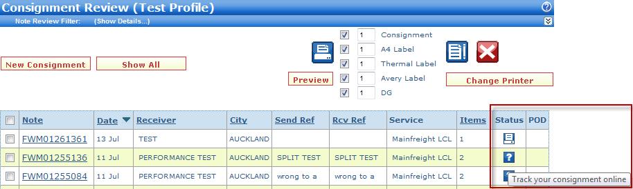 TRACK AND TRACE The Status column in the FremanWeb Review list displays the current status of the consignment.