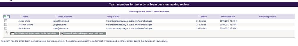 Checking responses to questionnaires Select Activity review in the top menu bar You will be presented with a list of the questionnaires which you have invited team members to complete.