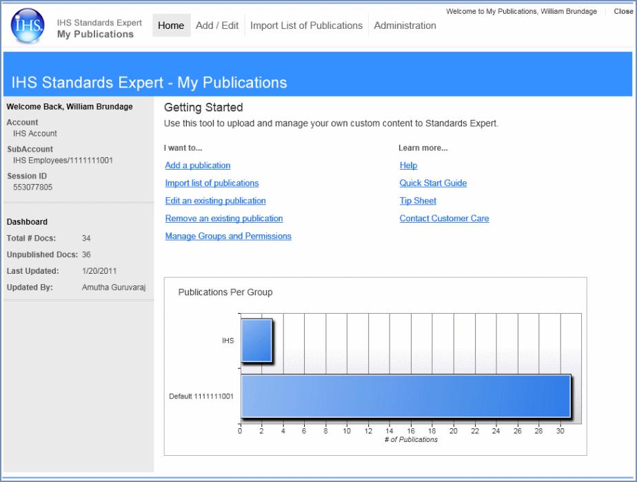 Accessing My Publications My Publications Quick Start Guide Links to management pages Account information In addition, the dashboard provides a Publications Per Group graph that gives you an