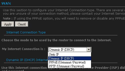 21 4.1. Internet Connection Type Select your Internet service WAN type This device supports several types of Internet / WAN connections: o DHCP Connection (Dynamic IP address) Choose this connection
