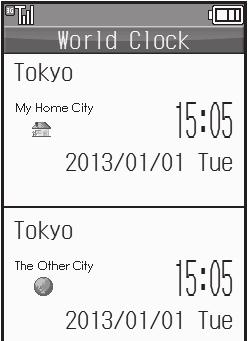 Using World Clock Auto World Clock Powering on outside Japan automatically sets World Clock; the local time for your current location appears in Standby.