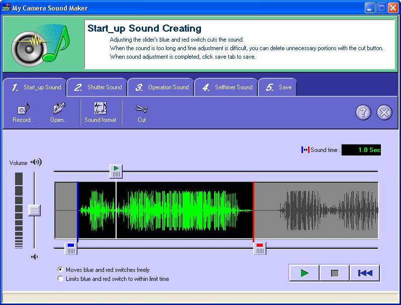 Recording and Editing Sounds Use these tabs to switch between sound files for recording and editing. Click here to record sounds. Ends the recording. Click here to open sound files.