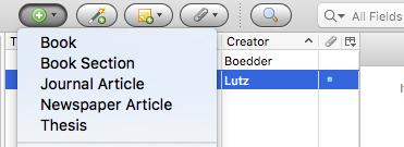 Manually Adding Entries: If you have an item in hand but not on the screen, click the New Item icon on the Zotero menu (Fig. 8). Choose the type of record you need, e.g. book, book section, journal article, and type the information about the item into the appropriate fields of the new record.