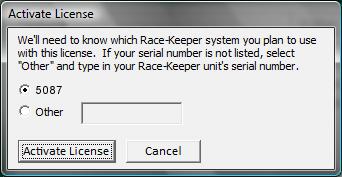 com username and password when prompted When Race Keeper displays the following prompt, Select Yes, Activate Now When Race Keeper displays the following prompt, click on the license name and then
