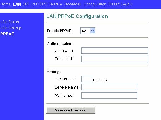1. Enable PPPoE: use PPPoE to connect to the internet 2. Username&Password: PPP id and PPP pin from your ISP 3.