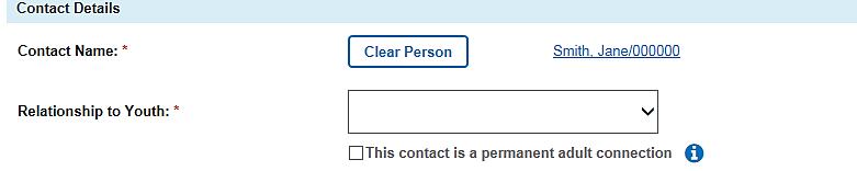 If you Search and select a person, the Contact Details screen displays details for the selected person: Note: If the selected person is not the correct contact, you can click the Clear Person button