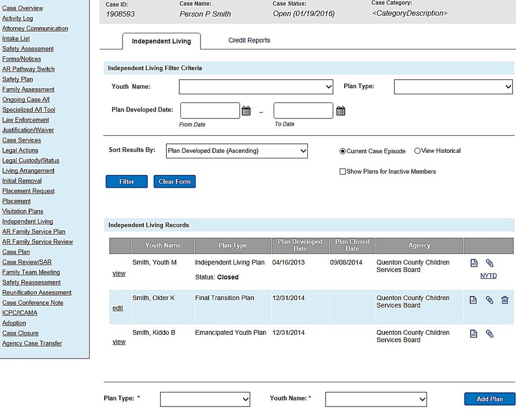 The Independent Living Filter Criteria screen appears displaying the Independent Living Records grid.