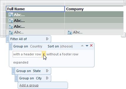 ActiveReports 9 Server End User Guide 49 1. Click the table to reveal the adorners. 2. In the Group section to which you want to add a header and footer, click the expand button.