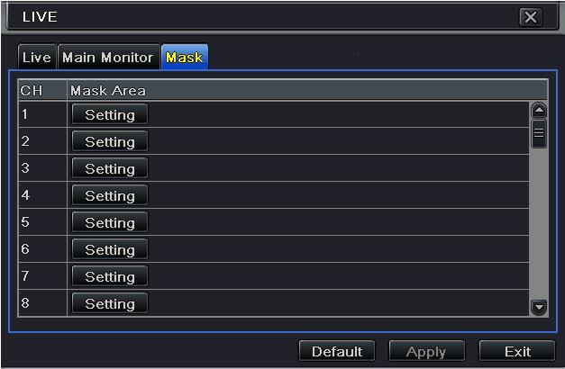To set up mask area: 1 Go to Main Menu Setup Live Mask interface. Fig 4-9 Live Configuration-Mask 3 4 5 Click Setting button to go to live image.