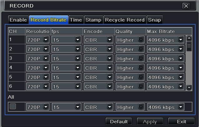channel 3 Checkmark record and audio. Select All to set up the same settings for all channels. 5.3. Record Bitrate 1 Go to Main Menu Setup Record Record Bitrate.