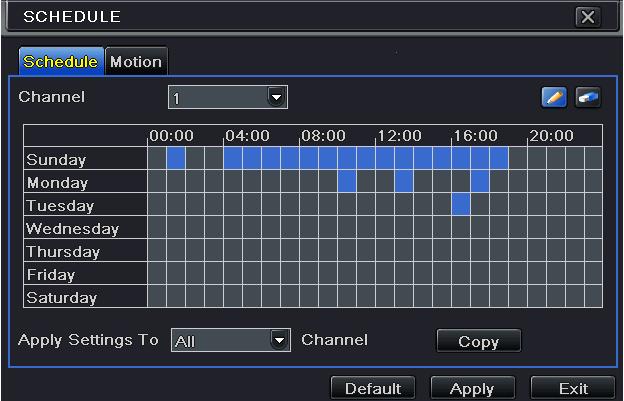 5.4.1 Schedule This tab allows defining schedule for normal recording for seven days of a week, 4 hours of a day. Every row denotes an hourly timeline for a day. Click the grid to do relevant setup.