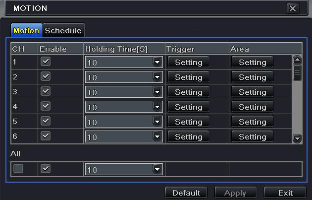 5.4. Motion Schedule This tab allows to set schedule for motion based recording. The setting steps are as follows: 1 Go to Main Menu Setup Schedule Motion tab.