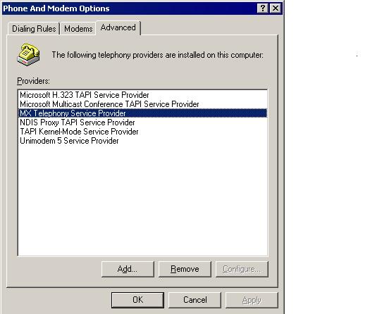 Page 3 of 17 Figure 3 MX Telephony Service Provider Added to Windows 3 Configuring Outlook to Make Calls through TAPI After you install the Zultys TAPI link onto your PC, configure Outlook to use the