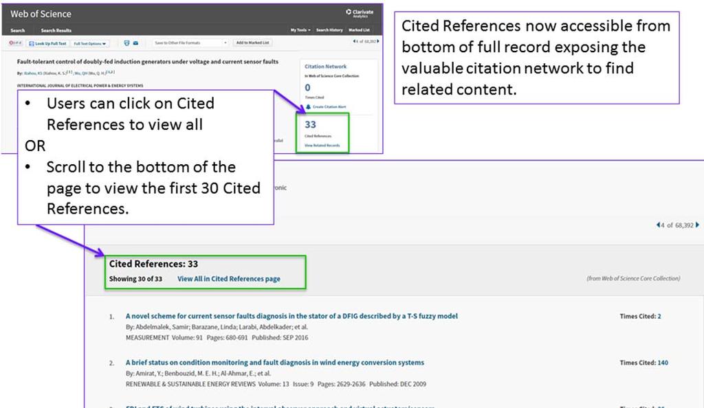 Figure 6: Cited References now available at the bottom of the Full Record for easy access to related content via the Citation Network.